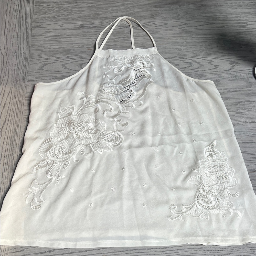 Express Cream floral embroidered tank with cross cross back